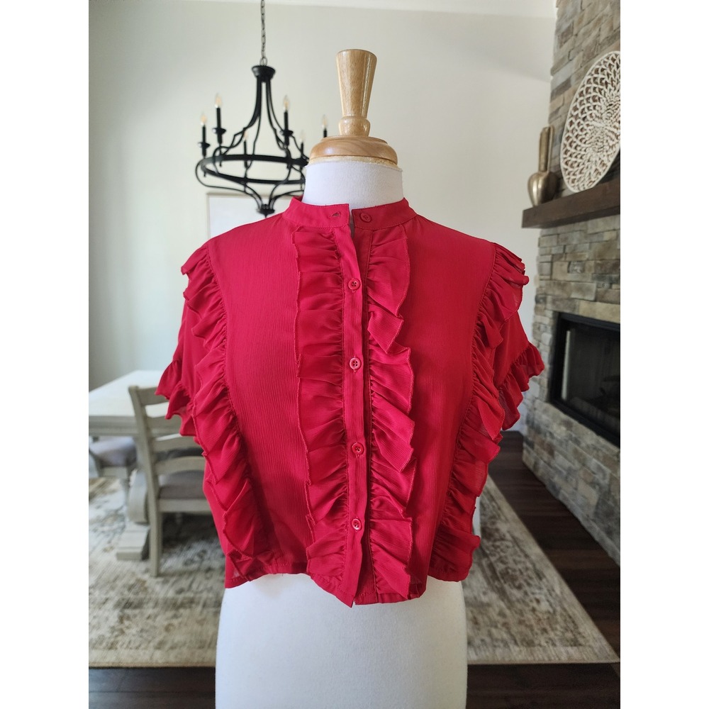 Boohoo Red Ruffle Front Cropped Blouse Short Sleeve Button Up Top M
